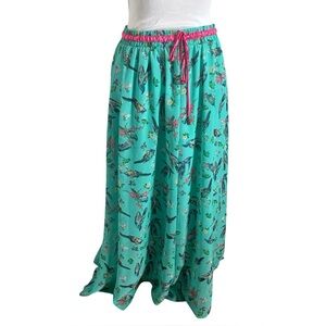 Boho Flowy  Maxi Skirt by Z&I Fits Woman’s Small Blue with Birds Multicolor